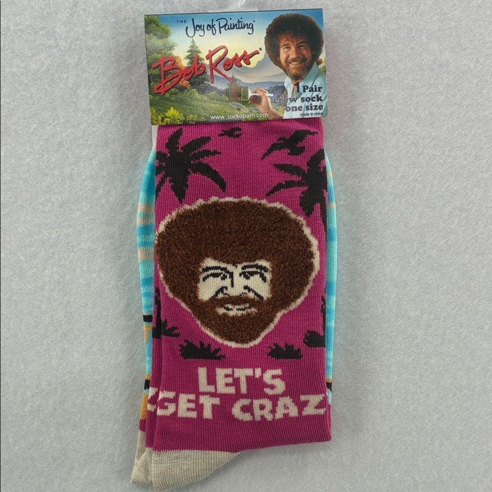 Bob Ross Joy of Painting Funny Socks, Pink and Blue size: 8-12 men or 9-14 Woman